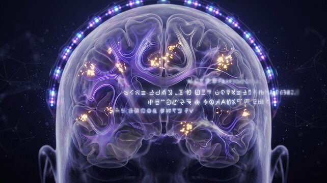 Transparent head cutaway with cortical signal activity, neural pathways, electrode halo, and language glyph ribbons for brain to text decoding.