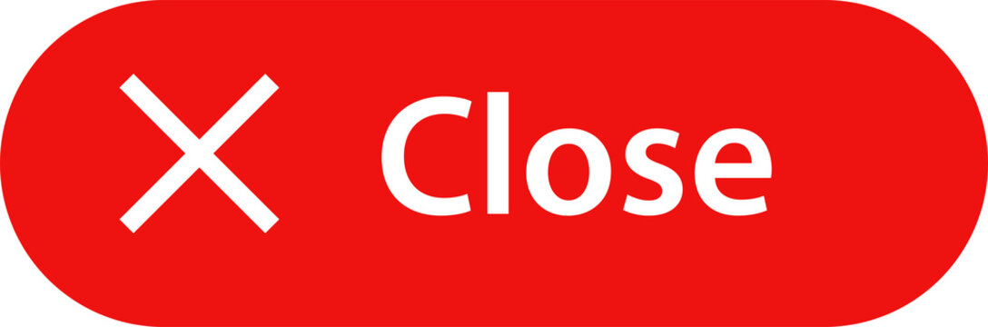 Close Button PNG with Red Rounded Bar, White X Symbol and Close Label Isolated on Transparent Background