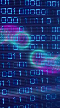 Animation of circles over binary code on navy background