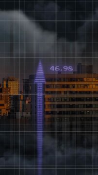 Animation of financial data processing with graph and arrows over cityscape
