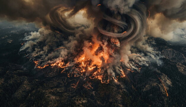 Wildfire firestorm with wind shear, smoke sheets, fireline fractures, ember arcs, and a turbulent thermal updraft