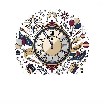 Vintage style clock face showing midnight surrounded by festive new year celebration elements like fireworks balloons gifts and party decorations on white background