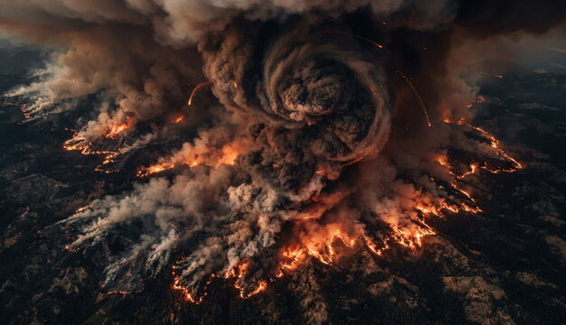 Wildfire firestorm with wind shear, smoke sheets, fireline fractures, ember arcs, and a turbulent thermal updraft
