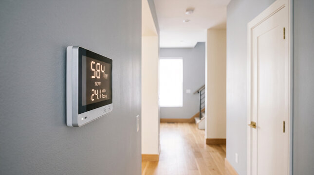 Digital energy monitor display showing power consumption in modern home hallway
