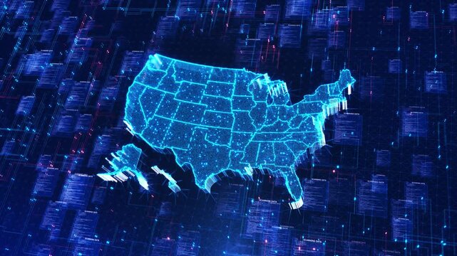 Futuristic United States map scans across a digital interface blue data points, grids and neon signals. for big data, network monitoring, AI analysis, cyber defense and infrastructure videos.
