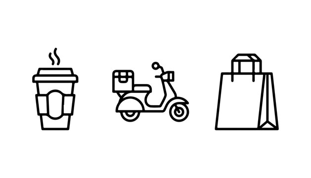 Delivery service icons featuring coffee takeout scooter and shopping bag