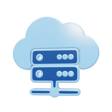 Glossy blue 3D cloud computing server icon with data storage racks and network connection symbol for cloud storage isolated on a transparent background