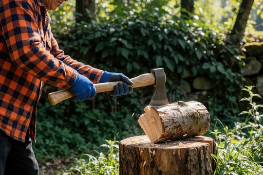 Man in orange checkered shirt chops wood with axe outdoors. Worker splits log on stump, preparing firewood for winter. Rural activity, sustainable energy, natural lifestyle.