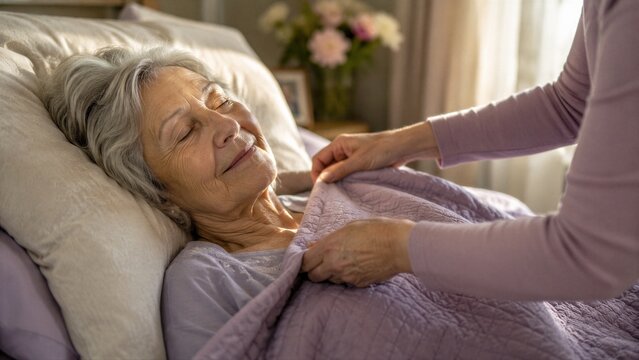 Woman caregiver tucking in senior woman sleeping in bed at home. Caring daughter supporting elderly mother with comfort and love.