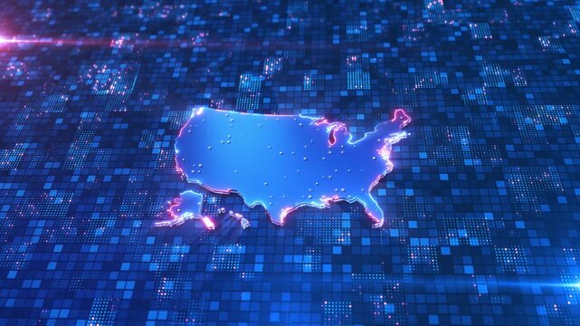 Futuristic United States map luminous points over a tiled global data background. for location intelligence, business analytics, market research, demographics, navigation and connectivity videos.