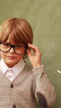 Sports concept icons against boy in glasses