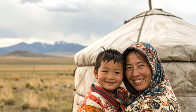 Mongolian woman and child near traditional ger