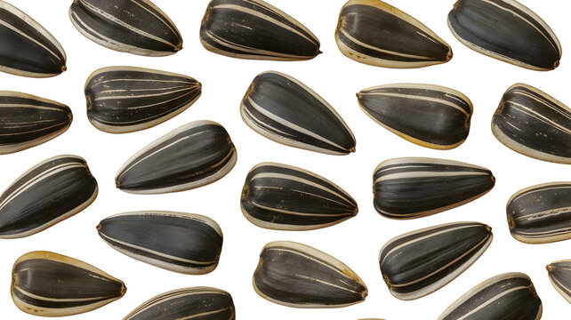 Organic raw sunflower seeds featuring detailed black and white patterns scattered evenly on transparent background