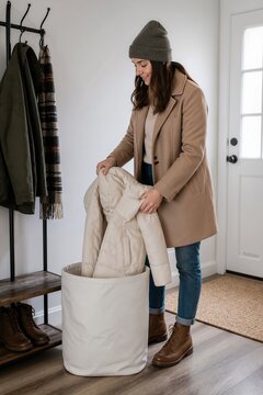 Minimalist lifestyle scene with woman putting jacket into laundry basket in stylish entryway. Decluttering process embraces minimalist lifestyle with organized hall space.