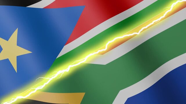Two waving flags South Sudan and South Africa with diagonal lightning seamless, 4k loop