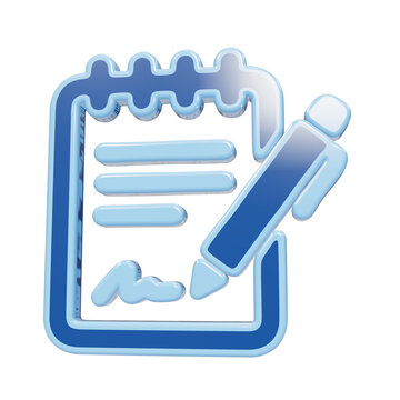 Glossy blue 3D notebook icon with a pen writing text lines and signature isolated on transparent background isolated on a transparent background