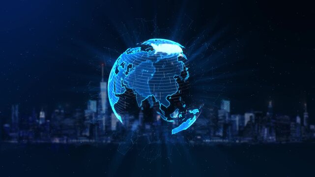 Futuristic holographic globe rises modern city night luminous network geometry. global data, digital transformation, international business, telecom and smart infrastructure videos.