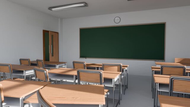 Empty school classroom with chalkboard