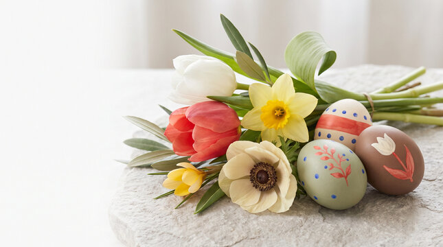 Colorful Easter eggs arranged with spring flowers on a table  