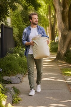 Young man walking outdoors with laundry bag enjoying minimalist lifestyle while embracing decluttering philosophy. Minimalist lifestyle promotes simplicity and organization for daily routines.