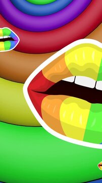Animation of rainbow lips over rainbow circles and colours moving on seamless loop