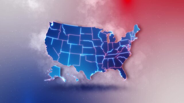 Stylized USA map glows red and blue over a soft atmospheric background, creating a modern political visual. Perfect for elections, public policy, federal government, democracy and broadcast graphics.