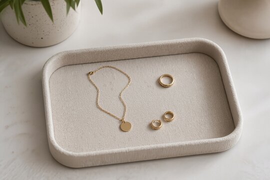 Gold jewelry displayed on elegant tray with delicate necklace, elegant rings, and beautiful earrings. Jewelry arrangement showcases minimalistic design with natural materials and aesthetic appeal.