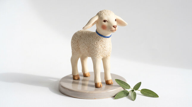 Lamb figurine standing on a base with decorative leaves  