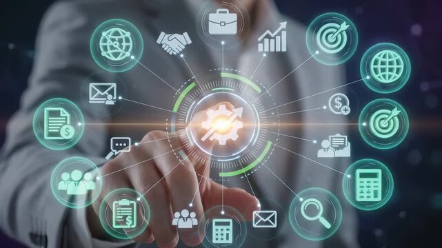 Businessman touches a virtual interface of key performance indicators for management and strategy. Business analytics, finance, marketing, and global network connection for corporate growth