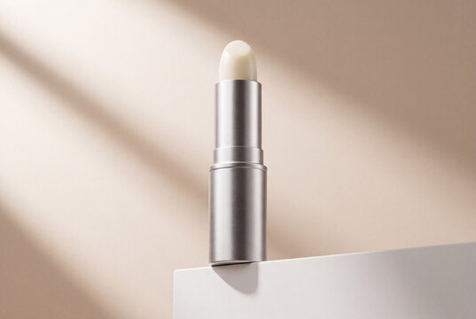 Lip balm stick in silver metallic tube with subtle morning light casting soft shadows