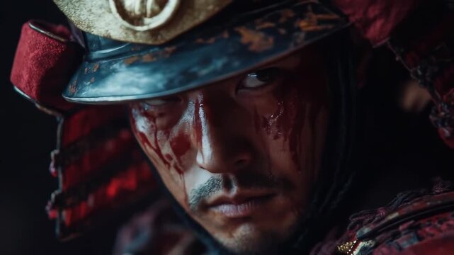 Portrait of intense young adult East Asian man in bloody samurai armor.