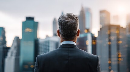 Plakat Mature business professional standing in front of large glass skyscrapers looking at city lights during a bright golden sunset hour
