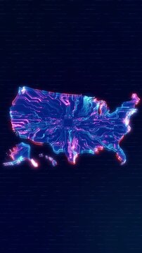 Neon USA map is built glowing circuit paths around a central processor wide copy space. AI infrastructure, semiconductor technology, computing, cyber security and national innovation videos.