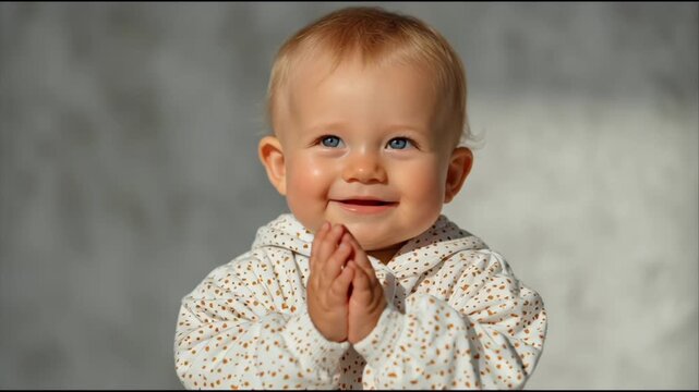 A happy Caucasian baby with blue eyes claps hands while wearing a white patterned sweatshirt in a minimalist studio setting.