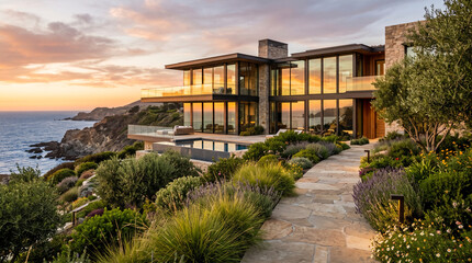 Fototapeta premium Luxury modern house with ocean view at sunset, infinity pool and garden