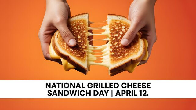Hands pulling apart a delicious grilled cheese sandwich with melted cheese strings on a bright orange background
