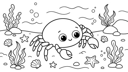 Friendly cartoon crab walking on sandy ocean floor with seaweed for kids coloring books now