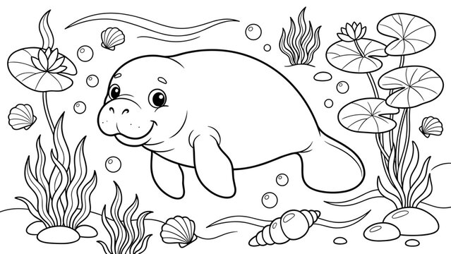 Friendly manatee swimming in river with lily pads coloring page for children education