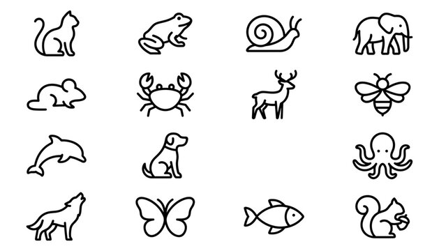 Set of various animal icons including mammals, insects, and sea creatures in a simple line art style