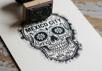 Fototapeta premium Black and white skull with Mexico City stamp style, ai illustration travel graphics, AI generated