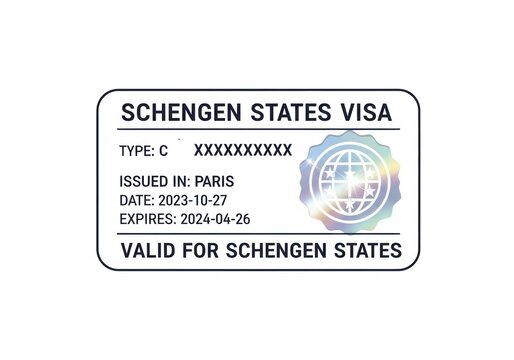 Schengen States visa issued in Paris with holographic design and expiration date, travel ai illustration graphics, AI generated