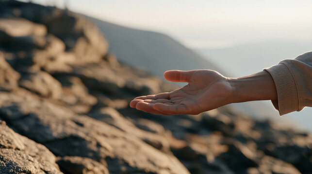 Climbing instructor on a misty morning crag reaches one hand downward toward an unseen climber below, the close up framing of his outstretched hands in morning fog evoking crisis