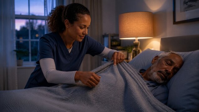 Woman nurse tucking in senior man sleeping in bed at home. Professional caregiver providing compassionate support and night care to elderly patient. Healthcare and aging concept.