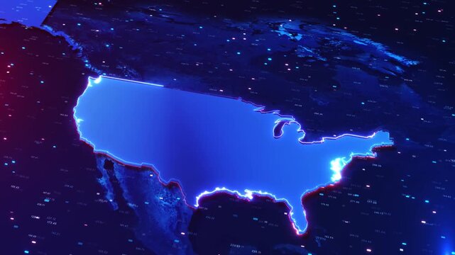 Bright USA silhouette overlays futuristic global map numeric information digital signals. regional analytics, logistics, demographics, smart infrastructure, market research 19 presentations.