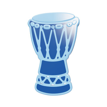 Glossy blue djembe drum with traditional african patterns rendered in a 3D plastic style percussion musical instrument isolated on a transparent background