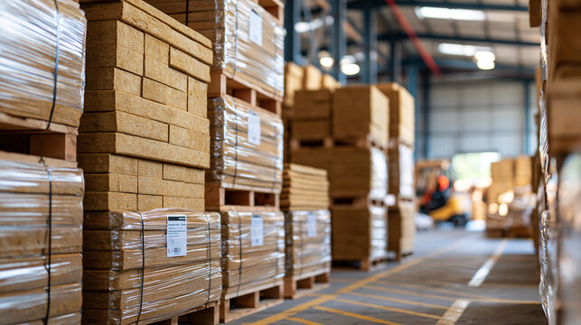 Tall stacks of pale yellow mineral wool insulation boards shrink wrapped and stacked on wooden pallets inside a spacious bright construction materials warehouse forklift aisle markings