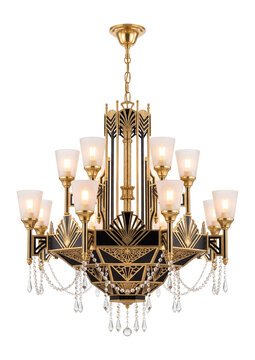 opulent Art Deco pendant chandelier featuring a striking combination of gold and black, exuding vintage elegance, isolated on transparent background