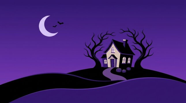 Spooky haunted house with bare trees and crescent moon in a dark purple night landscape for halloween celebration