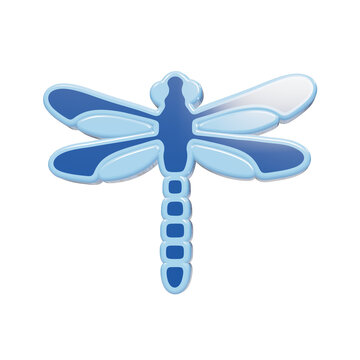 Glossy blue dragonfly icon with shiny plastic texture and light blue borders isolated on a plain background isolated on a transparent background