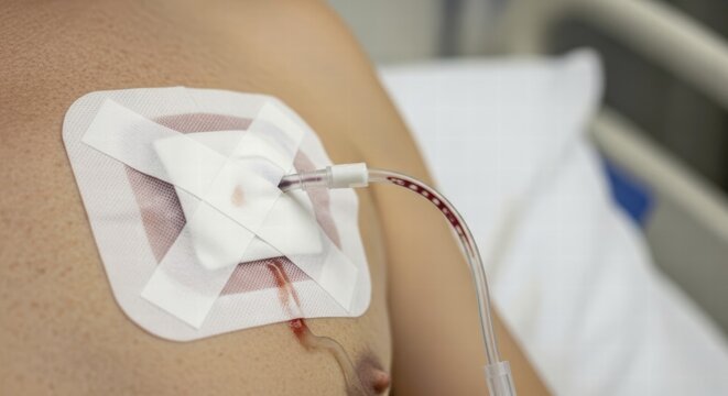 A medical chest drain secured with tape and gauze, showing a small amount of blood leakage, indicating a recent procedure or complication, AI generated